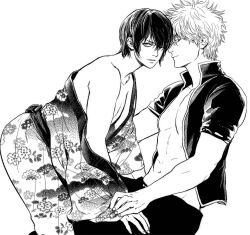 19csupervillain 2boys gay gintama gintoki_sakata hair_over_one_eye imminent_sex japanese_clothes kimono looking_at_viewer male male_only monochrome off_shoulder one_eye_closed open_shirt partially_undressed screentone takasugi_shinsuke yaoi