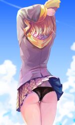 1girls akira_ray amamochi0716 arms_up ass ass_focus back_view black_panties blonde_hair butt_focus hooded_jacket hoodie jacket nijisanji nijisanji_kr panties pantyshot pantyshot_(standing) skirt skirt_lift solo solo_female solo_focus stretching viewed_from_behind virtual_youtuber wind_lift windy_skirt yellow_hair