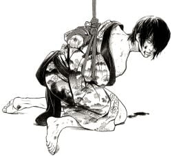 19csupervillain arms_behind_back arms_tied arms_tied_behind_back barefoot blood bondage bruised defeated full_body gintama hair_over_one_eye kimono kneeling looking_back male male_only monochrome off_shoulder restrained reverse_ryona rope rope_bondage screentone solo takasugi_shinsuke torture wide_eyed