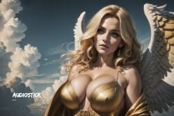 ai_generated angel angel_wings audiostick blonde_hair cleavage clouds earrings flying green_eyes heaven large_breasts looking_up overflowing_breasts robe stable_diffusion tight_clothing watermark wings