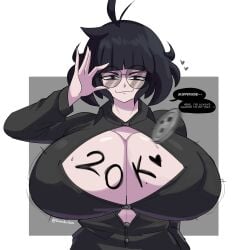 1girls adjusting_glasses black_shirt body_writing breast_expansion bursting_breasts button_down_shirt button_gap buttons cleavage collared_shirt dialogue emmarrgus flying_button heart huge_breasts keiko_(emmarrgus) milestone_celebration mole mole_on_breast mole_under_eye original_character popped_button smirk wardrobe_malfunction