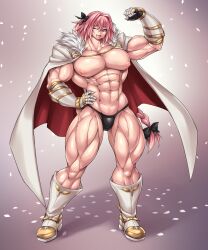 1boy abs ambush_(trap) armored_gloves astolfo_(fate) biceps boots braid bulge cape fate_(series) flexing gloves long_hair looking_at_viewer male male_only missymuscle muscles muscular muscular_femboy muscular_male muscular_thighs muscular_trap nipples pecs pectorals pink_eyes pink_hair pose smile solo thick_thighs thong trap wink