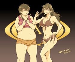 2girls 8cco alternate_body_type bikini braided_hair canon_genderswap chubby chubby_female cigarette cleavage dark_hair dual_persona fat female female_only genderswap_(mtf) gintama hand_on_hip hijikata_tenko hijikata_toshiro hourglass_figure long_hair overweight overweight_female rule_63 shorts smoking sports_bra swimsuit twin_braids