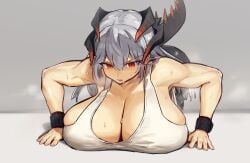 arknights big_breasts dragon_girl dragon_tail female horn large_breasts light-skinned_female melon22 muscle muscular muscular_female orange_eyes pale-skinned_female pale_skin push-up saria_(arknights) solo solo_focus sweat sweating tail tanktop vanilla white_hair workout