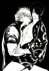 19csupervillain 2boys bandages closed_eyes expressionless eye_patch gintama gintoki_sakata hair_over_one_eye hand_on_another's_head haori holding_waist implied_sex japanese_clothes looking_at_viewer male male_only monochrome open_shirt sitting_on_lap sitting_on_person takasugi_shinsuke toned toned_male yaoi