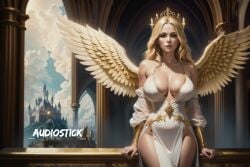 ai_generated angel angel_wings audiostick beautiful_background blonde_hair breasts cleavage crown heaven kingdom large_breasts long_hair looking_at_viewer robe skin_tight stable_diffusion watermark white_robe