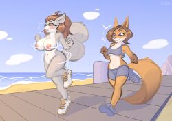 absurd_res anthro ass beach big_breasts bottomwear breasts canid canine clothed clothing duo female footwear footwear_only fox fur gloves_(marking) grey_body grey_fur hi_res jogging mammal markings midriff mostly_nude naked_footwear navel nipple_outline nude orange_body orange_fur rodent sciurid sea seaside shake shirt shoes shoes_only shorts sneakers stare tail tank_top topwear tree_squirrel ursk walkway water