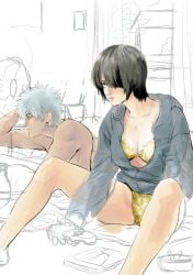 19csupervillain 1boy 1girls after_sex alternate_costume black_hair bra cleavage colored_sketch female genderswap_(mtf) gintama gintoki_sakata hair_over_one_eye hoodie in_bed male panties print_panties rule_63 short_hair sitting sketch summer takasugi_shinsuke wip yellow_bra yellow_panties