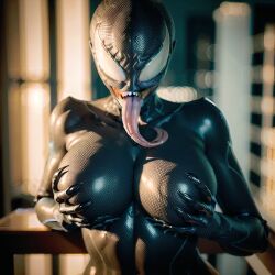 3d ai_generated alien alien_girl athletic athletic_female audiostick breasts female large_breasts licking_breast looking_at_viewer marvel marvel_comics monster_girl she-venom squeezing stable_diffusion teeth tongue tongue_out venom venom_(marvel)