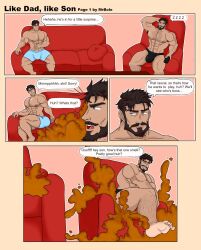 bara black_thong fart fart_cloud fart_fetish father father_and_son male/male male_only mrbolo muscles muscular muscular_ass muscular_male sitting sitting_on_couch text text_bubble thong