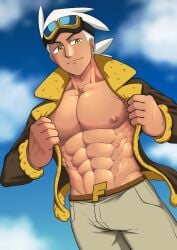 abs bulge male male_only muscles muscular muscular_male no_shirt open_jacket pecs pokemon pokemon_(anime) pokemon_horizons pokemon_professor professor_friede smooth_chest smooth_skin solo tan-skinned_male tan_skin tofuboyz white_hair