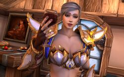 1girls 3d blizzard_entertainment green_eyes human human_(world_of_warcraft) ifarazon light-skinned_female light_skin morilane original_character paladin_(warcraft) ponytail skimpy skimpy_armor solo tattoo thick_thighs unconvincing_armor warcraft white_hair wine_glass world_of_warcraft