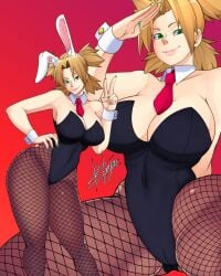 1girls animal_ears big_breasts blonde_hair bowtie brayaneroartist breasts bunny_ears bunny_girl bunnysuit cameltoe detached_collar detached_sleeves female female_only leotard long_hair looking_at_viewer multiple_views nail_polish naruto naruto_(series) naruto_shippuden necktie pantyhose peace_sign ponytail quad_tails revealing_clothes salute smile solo solo_focus strapless strapless_leotard teal_eyes temari thick_thighs v_sign waving waving_at_viewer waving_hand wide_hips