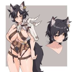 2d 2d_(artwork) animal_ears animal_tail artist_name belly_button black_eyes breasts bushy_pubes claws dire_wolf fang fangs female knife ladysgusting light-skinned_female light_skin monster_girl nipples_covered pale-skinned_female pale_skin pouch pubic_hair scar scar_across_eye scarred simple_background skull skull_necklace tag thighs watermark white_border wolf_ears wolf_girl wolf_romure wolf_tail