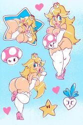 1girls ass blonde_hair blue_eyes breasts elbow_gloves female female_only full_body gloves high_heels long_hair mario_(series) multiple_views mushroom nipples nude princess_peach solo standing star super_mario_bros._2 thighhighs turnip weakplacenta