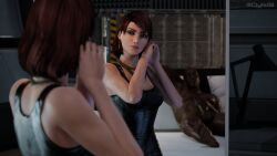 1boy 1girls 3d after_sex commander_shepard dark-skinned_male dark_skin female femshep green_eyes imminent_sex interracial male mass_effect mirror muscular_male qyti red_hair