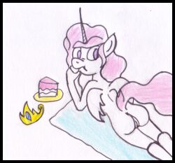 alicorn ass ass cake crown eating female female_only food friendship_is_magic horn looking_back my_little_pony on_belly pink_hair pony princess princess_celestia_(mlp) pussy reddragonkan solo solo_female traditional_media_(artwork) white_body wings