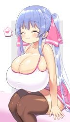 big_breasts blue_hair blush breasts_bigger_than_head closed_eyes hair_ribbon hourglass_figure huge_breasts long_hair original riko_(shuz) shortstack shuz_(dodidu) sitting skindentation slim_waist smiling stretched_clothing thick_thighs thighhighs tight_clothing