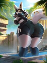 anthro ass ass big_ass big_breasts big_butt breasts clothed clothing detailed_background female female_only fur generation_4_pokemon hi_res ladnelsiya lucario nintendo pokemon pokemon_(species) solo solo_female white_body white_fur yellow_eyes