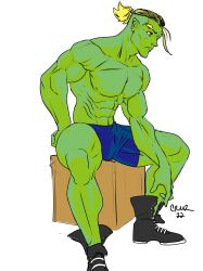 abs bara barazoku blonde_hair broad_shoulders bulge bulge_through_clothing drawfee_(copyright) drawtectives green_body green_skin gyorik_rogdul humanoid lean_muscle male male_focus male_only muscular muscular_male orc pecs solo solo_male vagrantmidget