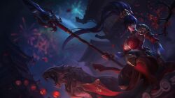 angry black_hair chinese_clothes huge_ass large_breasts league_of_legends long_hair lunar_new_year lunar_revel_series nidalee official_artwork_edit ponytail red_lipstick riot_games sneer spear sutton184_edits thick_calves thick_thighs third-party_edit warring_kingdoms_nidalee wide_hips