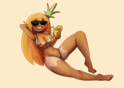 1girls 2023 artist_request barefoot beverage bikini breasts cleavage clothing feet female fruit_humanoid full_body gijinka hand_behind_head holding_beverage ice_cube multicolored_bikini noseless orange_hair pineapple pineapple_juice pineapple_toppin pizza_tower reclining shaded skimpy smile source_request string_bikini sunglasses tan_skin tanline toppin_gals toppin_gals_minus8 unknown_artist