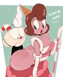 1boy 1boy1girl 1girls 2023 animate_inanimate ass baroness_von_bon_bon big_ass big_butt blue_eyes breasts brown_hair candy candy_cane cleavage clothed clothing cuphead cuphead_(game) dialogue dress dress_pull duo female for_a_head green_eyes hair hi_res huge_ass huge_butt human humanoid looking_back male male/female mammal object_head open_mouth pink_body pink_skin simple_background sprinkles sprinkles_on_ass sweat sweatdrop text the_cuphead_show usnarbit