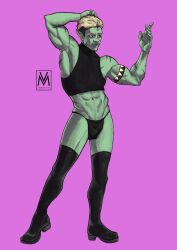 abs crop_top drawfee_(copyright) drawtectives femboy green_skin gyorik_rogdul male male_only muscular muscular_male mx._morgan_vivar orc orc_femboy orc_male panties solo solo_male thigh_boots thong underwear