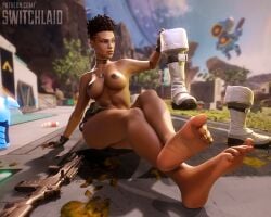 3d african african_female afro apex_legends bangalore barefoot breasts dark_skin earrings feet foot_fetish gun nipples smelly_feet smelly_shoes soles switchlaid toes