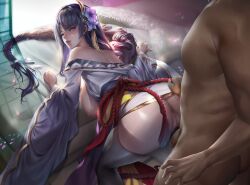 1boy 1girls absurd_res arenbi clothed_female_nude_male dark-skinned_male dark_skin doggy_style genshin_impact interracial kimono light-skinned_female light_skin penetration raiden_shogun sex vaginal_penetration very_high_resolution