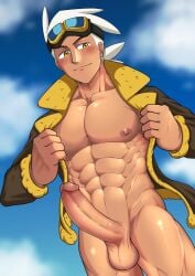 abs balls big_cock big_penis boner erect_penis erection hard_on horny_male huge_cock huge_penis jacket jacket_only male male_only muscles muscular muscular_male nude open_jacket pecs penis pokemon pokemon_(anime) pokemon_horizons pokemon_professor professor_friede shy smooth_chest smooth_skin solo tan-skinned_male tan_skin tofuboyz white_hair