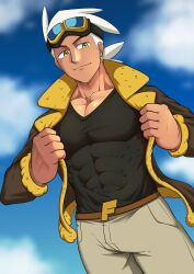 abs bulge clothed male male_only muscles muscular muscular_male open_jacket pecs pokemon pokemon_(anime) pokemon_horizons pokemon_professor professor_friede solo tan-skinned_male tofuboyz white_hair