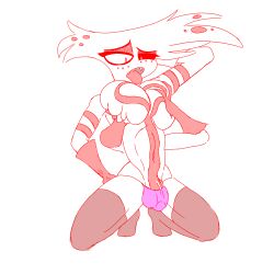 angel_dust_(hazbin_hotel) arachnid arthropod bikini_thong breast_squeeze breasts clothing gay genitals gloves handwear hazbin_hotel legwear likasomboody multi_arm multi_limb penis solo solo_male spider stockings swimwear tongue tongue_out underwear vein veiny_penis