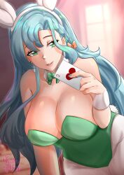 1girls alternate_costume animal_ears aqua_hair bare_shoulders blue_hair bow braid breasts bunny_ears bunny_girl bunnysuit card chloe_(fire_emblem) cleavage commentary_request fake_animal_ears fake_tail female female_only fire_emblem fire_emblem_engage green_eyes green_leotard hair_bow hairband hand_up holding holding_card indoors large_breasts leotard long_hair looking_at_viewer nintendo orange_bow pantyhose parted_lips pink_lips rabbit_ears rabbit_tail rinku_bny smile solo strapless strapless_leotard tail upper_body very_long_hair white_hairband white_pantyhose