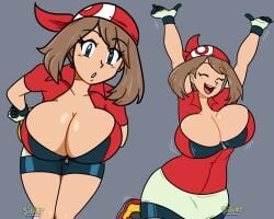 1girls alternate_breast_size armpits banana big_breasts bike_shorts blue_eyes bouncing_breasts breasts brown_hair cleavage clothed clothes clothing eye_contact female female_only fully_clothed hips huge_breasts human large_breasts looking_at_viewer may_(pokemon) nintendo pokemon pokemon_rse red_bandana shorts silenttandem solo solo_female thick thick_thighs thighs wide_hips