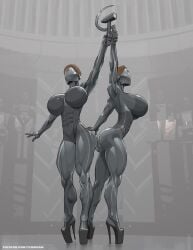 2girls ass atomic_heart big_ass big_breasts bimbo bimbo_robot_girl blonde_hair faceless female female_only hammer_and_sickle left_(atomic_heart) muscular_legs right_(atomic_heart) robot robot_girl silver_body steam steaming_body temogam the_twins_(atomic_heart)