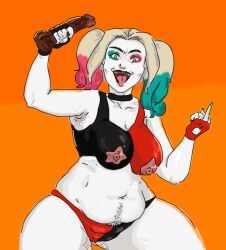 1girls armpit_stubble batman_(series) big_breasts blonde_hair choker chubby chubby_female clothing crullet dc dc_comics dildo dyed_hair exposed_nipples female female_only hairy happy_trail harleen_quinzel harley_quinn harley_quinn_(2019) harley_quinn_(series) mature_female middle_finger milf multicolored_hair nipple_cutout nipples pale-skinned_female pale_skin partially_clothed pigtails solo stretch_marks tongue tongue_out venus_body