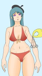 aged_up bikini black_hat blue_hair chaarlly grown_up hat hilda_(hilda) hilda_(series) hypno hypnosis hypnotic_eyes large_breasts light-skinned_female light_skin pokemon pokemon_(species) purple_eyes red_bikini red_swimsuit swimsuit wide_hips