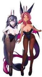 2girls black_leotard breasts bunny_ears bunnysuit demon_girl demon_wings dya_rikku fake_animal_ears female female_only hair_ornament high_heels indie_virtual_youtuber large_breasts leotard looking_at_viewer one_eye_closed orange_eyes orca orca_girl pantyhose pink_hair playboy_bunny purple_eyes purple_hair shylily strapless strapless_leotard tattoo tattoo_on_arm tattoo_on_chest tattoo_on_legs trickywi twintails virtual_youtuber wings winking_at_viewer