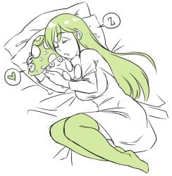 after_sex bed breasts cuddling female green_hair hugging larger_female lilithium_(nyxondyx) male medium_breasts mushroom nyxondyx oc size_difference sleeping smaller_male sporich_(nyxondyx) tagme