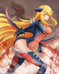 1girls ass blonde_hair blood_splatter breasts claw_gloves cosplay cynthia_(pokemon) female garchomp_(cosplay) hair_ornament hair_over_one_eye jojobirdz leotard long_hair looking_at_viewer medium_breasts navel nintendo pokemon pokemon_(cosplay) pokemon_dppt red_eyes see-through see-through_leotard sideboob solo thighhigh_boots wrist_blades