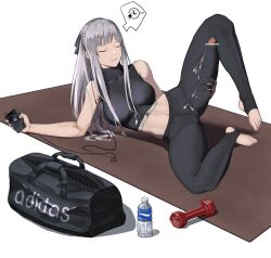 absurdres adidas ak-12_(girls'_frontline) bag bar_censor bottle breasts censored closed_eyes cum cum_on_legs digital_media_player duffel_bag dumbbell english_commentary full_body girls'_frontline grey_hair highres large_breasts leg_lift long_hair navel pants penis sidelocks smile spoken_symbol sports_bra sportswear stirrup_legwear toeless_legwear toes water_bottle white_background yoga_mat yoga_pants zhentian_liukuai_qian