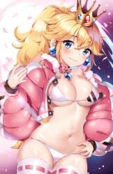 1girls bikini blonde_hair blue_eyes breasts brooch choker cropped_jacket crown earrings frilled_choker hand_on_hip jacket large_breasts looking_at_viewer mario_(series) midriff navel nintendo open_jacket painted_fingernails pink_jacket ponytail princess_peach squchan swimsuit thighhighs white_bikini white_swimsuit winter_peach_(driverbunny37)