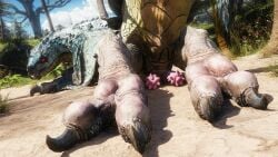 2_penises animal_genitalia animal_penis ass blue_body blue_scales capcom claws depth_of_field diphallia diphallism fanged_wyvern feet feral foot_focus genitals grass hemipenes hi_res hindpaw looking_at_viewer looking_back lying male monster monster_hunter multi_genitalia multi_penis on_front open_mouth pawpads paws penis penis_backwards plant raised_tail red_eyes sand scales solo tail tobi-kadachi tongue tongue_out tree zdnoz