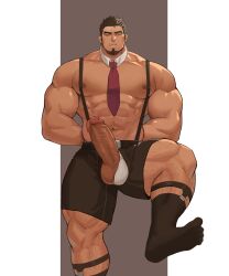 1boy balls bara beard boner erect_penis erection facial_hair hands_behind_back jockstrap leg_up male male_only muscles muscular necktie penis shorts sock_garters socks solo solo_male spread_legs xianyusamuel