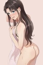 1girls ass bare_shoulders blue_eyes blush breasts brown_hair covering covering_breasts fate/stay_night fate_(series) female from_side light-skinned_female light_skin looking_back medium_breasts mondi_hl naked_towel nude nude_cover side_view sideboob solo thighs tohsaka_rin towel towel_only wavy_hair wet wet_hair wet_skin