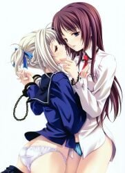 2girls after_kiss ascot ass bangs blonde_hair blue_eyes bottomless braid brown_hair chains couple cuffs from_side grabbing_another's_chin half-closed_eyes hand_on_another's_chin handcuffs holding_hands long_hair long_sleeves looking_at_another looking_at_viewer miyama-zero multiple_girls panties platinum_blonde_hair profile red_eyes sailor_collar saliva saliva_trail school_uniform serafuku short_hair short_twintails twintails underwear white_panties yuri