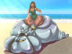 alien ass beach beach_towel bikini black_eyes blue_pupils brown_skin butt gigantic_breasts gigantic_penis grand_councilwoman green_skin human hyper_bimbo long_hair nani_pelekai ocean swimsuit tagme xtrent968