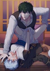 1boy 1girls ambiguous_penetration blush canon_genderswap caught caught_in_the_act clothed_sex covering_crotch covering_self crbin25 dark_green_hair desk female genderswap_(mtf) ginko_sakata gintama gintoki_sakata hijikata_toshiro implied_sex japanese_clothes kimono leg_grab legs_up looking_at_viewer male obi official_alternate_costume on_back police_officer police_uniform red_eyes rule_63 shinsengumi_(gintama) short_hair spread_legs surprised sweatdrop very_short_hair walked_in_on white_hair window