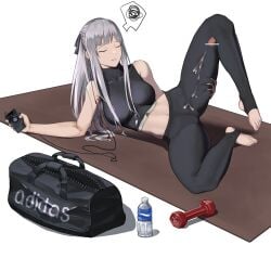 absurdres adidas ak-12_(girls'_frontline) bag bar_censor bottle breasts censored closed_eyes cum cum_on_legs digital_media_player duffel_bag dumbbell english_commentary full_body girls'_frontline grey_hair highres large_breasts leg_lift long_hair navel pants penis sidelocks spoken_squiggle sports_bra sportswear squiggle stirrup_legwear toeless_legwear toes water_bottle white_background yoga_mat yoga_pants zhentian_liukuai_qian